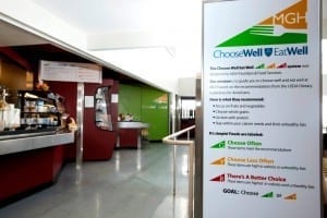 Picture of a large sign showing the healthy options of food offered in a company cafeteria.