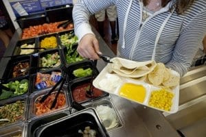 School lunch-taco bar full of fresh vegetables and salsas.