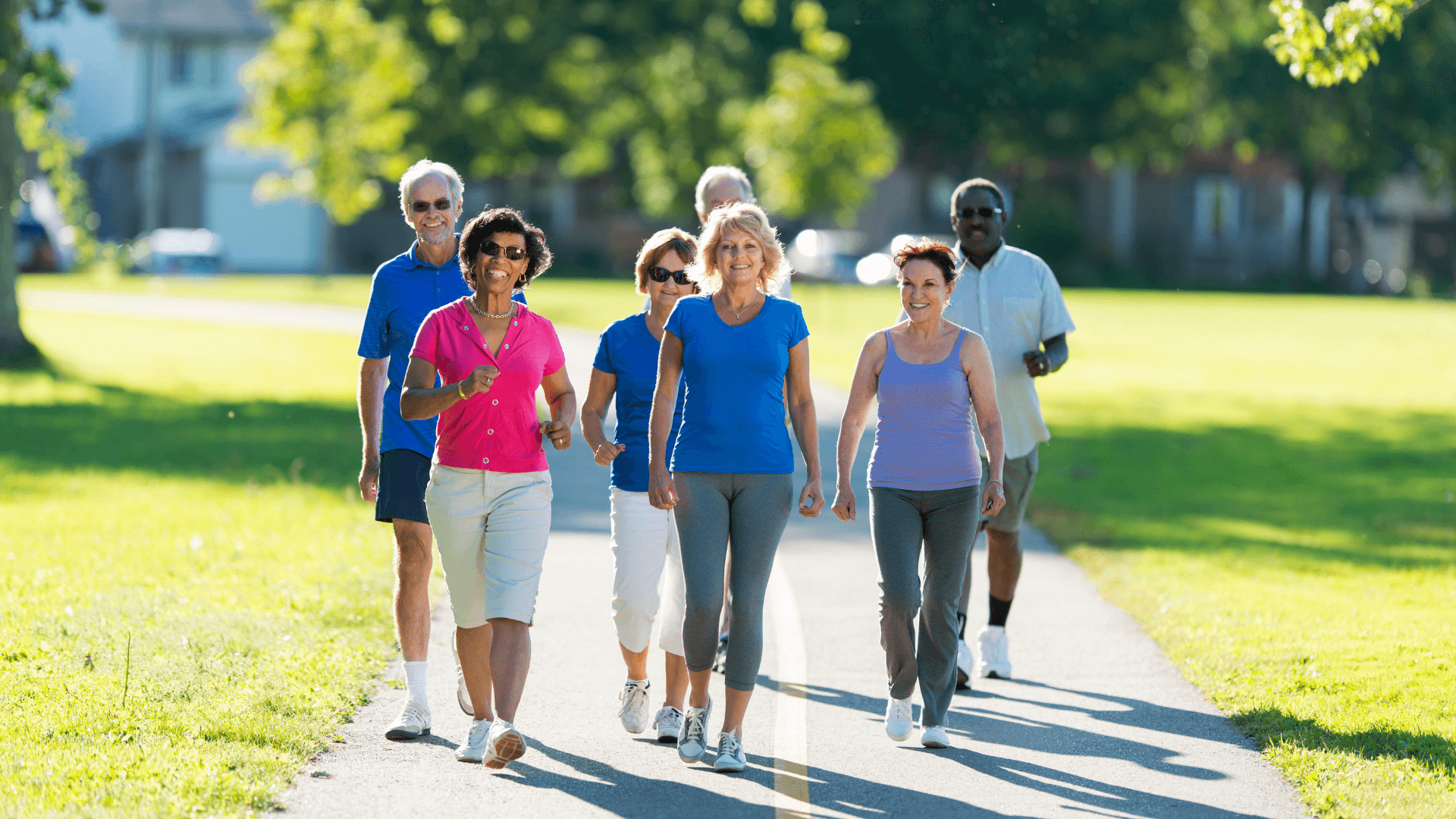 Group of older individuals walking in the park on a sunny day.